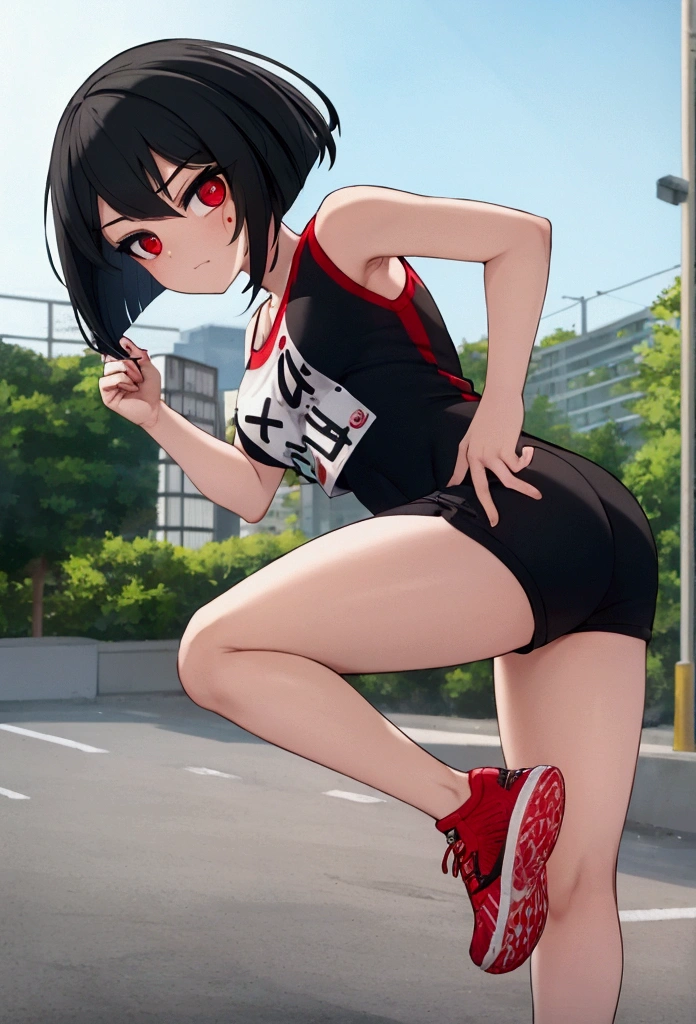 girl, Black hair, bob, red eyes, marathon runner, running, white and red tank top, shorts, marathon shoes