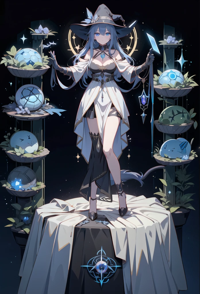 depicts a modern-day witch who has embraced the world of cybernetics to enhance her magical abilities. The artwork should convey the enchanting blend of traditional witchcraft and futuristic technology. Here are some specific elements to include: The Witch's Lair: The setting should be a cozy yet slightly eerie room, filled with magical books, crystal balls, potion ingredients, and antique furnishings. The room should be dimly lit by candles and a soft, mystical glow emanating from her cybernetic enhancements. The Cyborg Witch: The central focus of the artwork is the witch herself. She's a striking figure with a mix of traditional witch attire and cybernetic enhancements. Her clothing should have a witchy, occult aesthetic, with flowing robes, a pointed hat, and an intricate pentagram necklace. Her arms, however, have been upgraded with cybernetic components that incorporate magical symbols and glowing runes. Magical Interface: The witch is in the midst of casting a spell, with a holographic, touch-screen interface floating before her. This interface includes spell incantations, arcane symbols, and digital components, demonstrating her fusion of magic and technology. Spell Ingredients: On a nearby table, there should be a collection of spell ingredients, like herbs, potions, and magical artifacts. Some of these items may have been modified with cybernetic enhancements, blurring the line between the natural and the technological. Familiar: The witch's familiar, perhaps a cat or raven, should be present in the scene, serving as her magical companion. The familiar could also have subtle cybernetic enhancements or glowing eyes. Glowing Runes: The room should be adorned with ancient symbols and glowing runes on the walls and floor, contributing to the magical atmosphere. Aetherial Lighting: Use a combination of mystical, ethereal lighting and cybernetic glows to create a captivating interplay of light and shadow. The contrast between the tradit