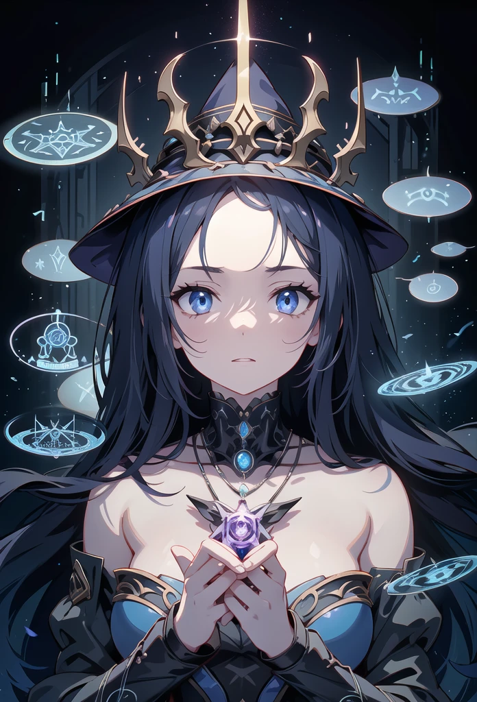 depicts a modern-day witch who has embraced the world of cybernetics to enhance her magical abilities. The artwork should convey the enchanting blend of traditional witchcraft and futuristic technology. Here are some specific elements to include: The Witch's Lair: The setting should be a cozy yet slightly eerie room, filled with magical books, crystal balls, potion ingredients, and antique furnishings. The room should be dimly lit by candles and a soft, mystical glow emanating from her cybernetic enhancements. The Cyborg Witch: The central focus of the artwork is the witch herself. She's a striking figure with a mix of traditional witch attire and cybernetic enhancements. Her clothing should have a witchy, occult aesthetic, with flowing robes, a pointed hat, and an intricate pentagram necklace. Her arms, however, have been upgraded with cybernetic components that incorporate magical symbols and glowing runes. Magical Interface: The witch is in the midst of casting a spell, with a holographic, touch-screen interface floating before her. This interface includes spell incantations, arcane symbols, and digital components, demonstrating her fusion of magic and technology. Spell Ingredients: On a nearby table, there should be a collection of spell ingredients, like herbs, potions, and magical artifacts. Some of these items may have been modified with cybernetic enhancements, blurring the line between the natural and the technological. Familiar: The witch's familiar, perhaps a cat or raven, should be present in the scene, serving as her magical companion. The familiar could also have subtle cybernetic enhancements or glowing eyes. Glowing Runes: The room should be adorned with ancient symbols and glowing runes on the walls and floor, contributing to the magical atmosphere. Aetherial Lighting: Use a combination of mystical, ethereal lighting and cybernetic glows to create a captivating interplay of light and shadow. The contrast between the tradit