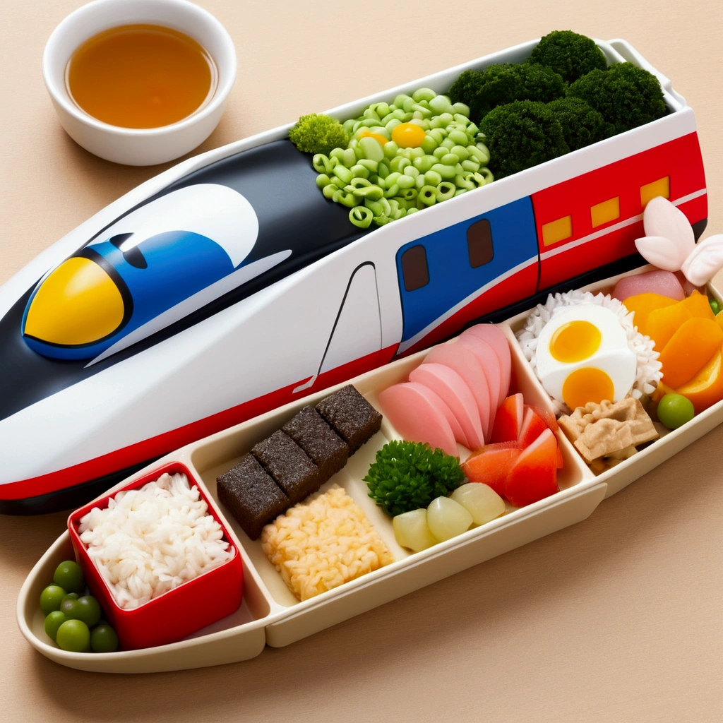 Create an illustration that meets the following conditions:。-Use for icons。-The frame is related to the photo. -This is a Shinkansen E7 series bento.。-Please faithfully reproduce this photo and create a high-quality illustration.