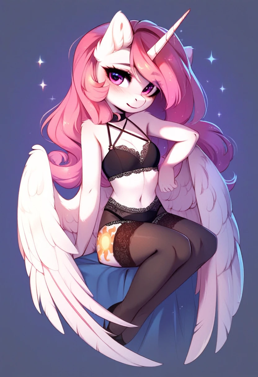 check_9, check_8_up, check_7_up, source_fluffy, rating_safe, from Magnaluna, Celestia poses seductively in a white bedroom, shoulder length hair with bangs, pink eyes, white body, anthro, blushing, wearing goldern lingerie, full body