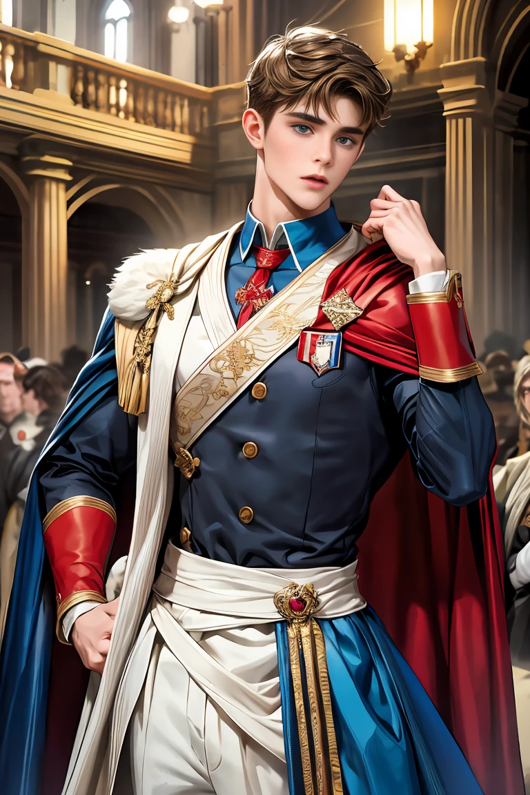 
masterpiece, 最high quality, high quality, 1 boy, alone, Male focus, Watching the audience,  Messy brown hair, Adorable big blue eyes, White people, Noble, Noble,Sexy voluminous cape、vampire、A very voluminous, large, very large, very large, long, long red and black cape with a high stand-up collar, made of a lot of fabric that reaches down to the floor., 17 years old,Cute beautiful boys,Cute, cute, kind, handsome guy