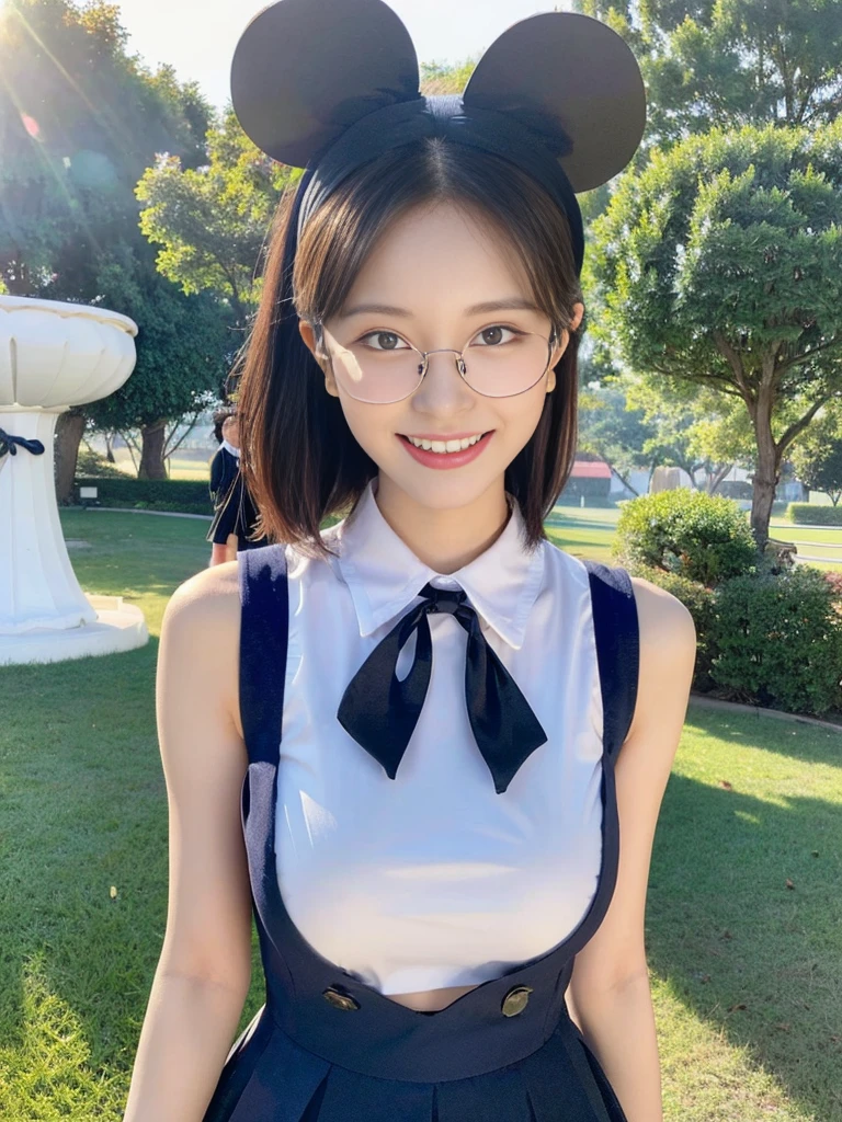 (A super cute Korean high school girl wearing Korean-style cute glasses cosplaying as Mickey Mouse takes a photo 1.2)(grin,Smile)(Beautiful Sweat:1.1)(16K, RAW Photos, Highest quality, masterpiece: 1.2),(Beautiful short bob hair with even bangs, black hair) Super detailed, Super Resolution, (Genuine, Genuine photos: 1.37), Portraiture, High-resolution RAW color photos, Professional photos, Very detailed, 8k wallpaper, Very detailed CG Unity 8k wallpaper, Very detailed beautiful girls, Very detailed faces, ((whole body)), beautiful woman, Huge breasts,(huge boobs:1.1) (Big Boobs:1.1), Beauty college student( (A tight, girly, navy sleeveless with ribbon),) (Mickey Mouse headband),high school girl, Korean Girls,(K-POP Female Idols), (Idol-class beauty)(Beautiful high school girl:1.1)(Beautiful park with windmills)(18-year-old)(Stylish school uniform-style outfit:1.1)plain girl,thick lensed foggy glasses