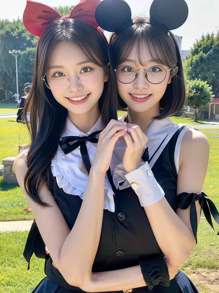 (A super cute Korean high school girl wearing Korean-style cute glasses cosplaying as Mickey Mouse takes a photo 1.2)(grin,Smile)(Beautiful Sweat:1.1)(16K, RAW Photos, Highest quality, masterpiece: 1.2),(Beautiful short bob hair with even bangs, black hair) Super detailed, Super Resolution, (Genuine, Genuine photos: 1.37), Portraiture, High-resolution RAW color photos, Professional photos, Very detailed, 8k wallpaper, Very detailed CG Unity 8k wallpaper, Very detailed beautiful girls, Very detailed faces, ((whole body)), beautiful woman, Huge breasts,(huge boobs:1.1) (Big Boobs:1.1), Beauty college student( (A tight, girly, navy sleeveless  with ribbon),) (Mickey Mouse headband),high school girl, Korean Girls,(K-POP Female Idols), (Idol-class beauty)(Beautiful high school girl:1.1)(Beautiful park with windmills)(18-year-old)(Stylish school uniform-style outfit:1.1)plain girl,thick lensed foggy glasses