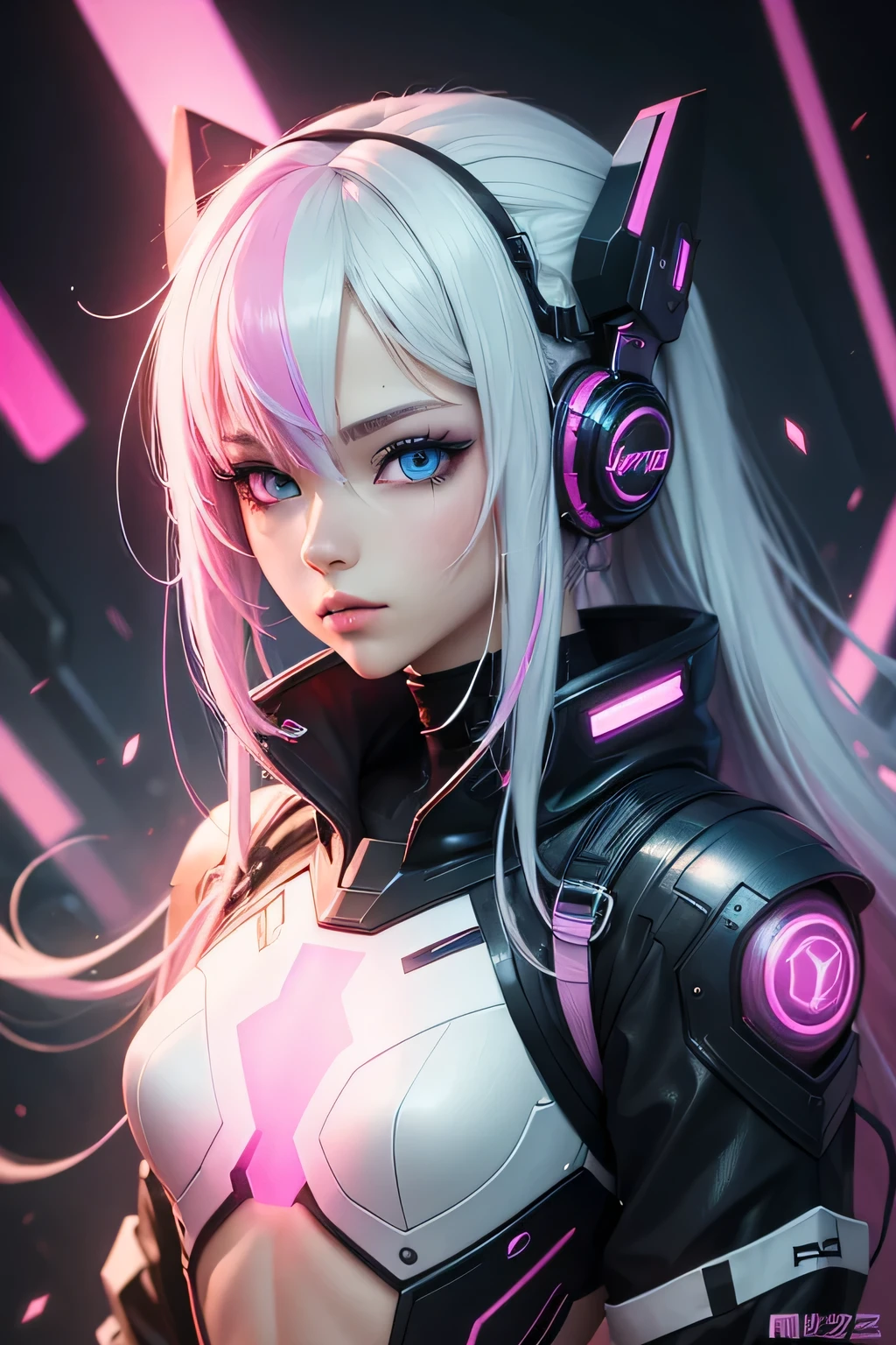 cyber punk character,アニメ, masterpiece quality, best qualityer, final art, aesthetic beauty: 1.5, detailed artwork, Colorful abstract background, Kizi, The hair color, Pinkish white, long and silvery, neon light blue eyes.