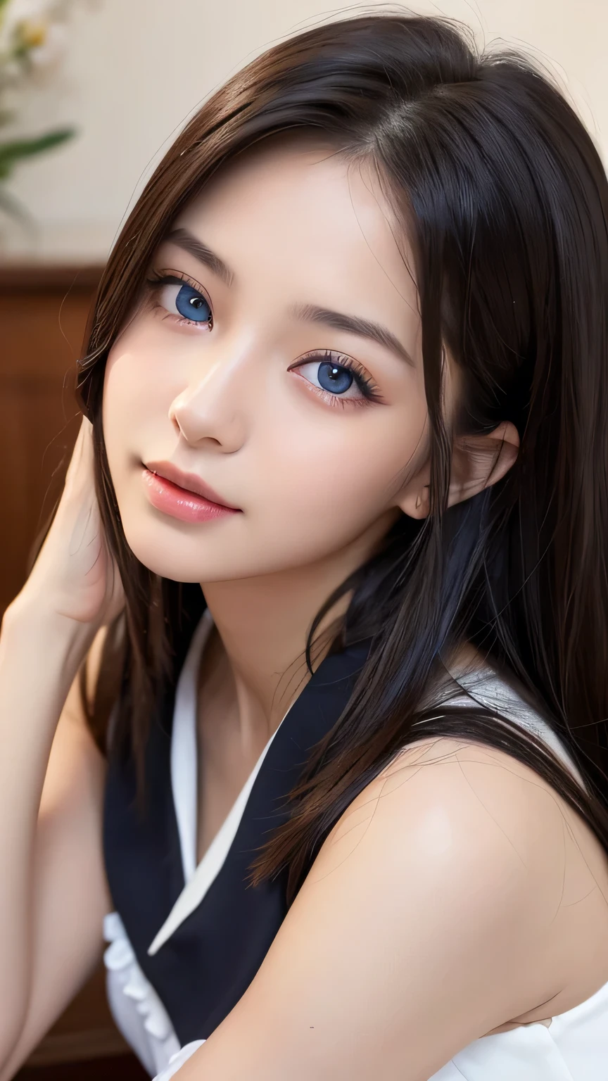 (((32ｋ,Attention to detail,High resolution、masterpiece,Attention to detail,Ezvian everywhere,alone))),RAW Photos & Realistic atmosphere,beautiful dark blue eyes,Mouth Details,Glossy Lips,Thin eyebrows,Soft white skin that shines in every detail、Detailed eyes、,（Wearing a classy black and red uniform、黒のパンストとsexy脚を身につけて、She is upright）, blue eyes,とてもbeautiful eyes,Detailed lips、とてもbeautiful face,Very well-formed face、Lively Faces,beautiful, Glowing Lips, Realistic Young Gravure Idol, とてもbeautiful school girl, , 若くてsexyグラビアアイドル, Young Gravure Idol, beautiful and cute adult１6 years old ,My whole body is wet,Dripping,blush,とてもbeautiful, １6 years oldの***,(Looking into the camera：1.4）,（sexy,Healthy and toned body,Mature Body, I&#39;m so anxious I feel like crying,Watery eye,Cold Smile,Glare,Glare顔もbeautiful,High resolutionアーム,,High resolutionフィンガー,：1.5）