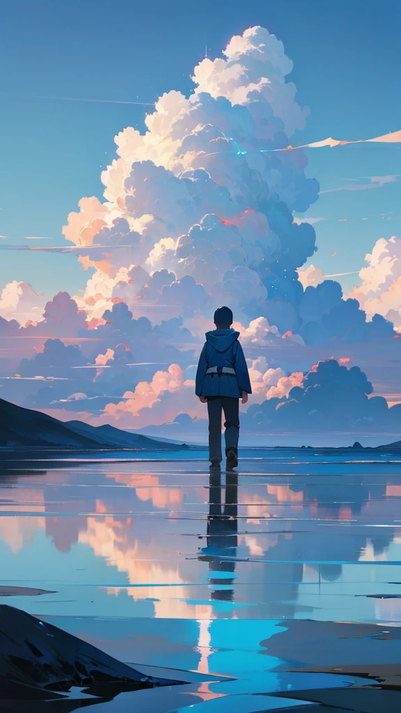 “A boy in a hooded parka walking on water with his back turned to the viewer, set against a bright blue sky with towering cumulonimbus clouds. The sky and clouds are reflected on the water’s surface. The boy appears small, with the focus on the expansive and fantastical landscape, reminiscent of a cinematic scene, rendered in high detail.”