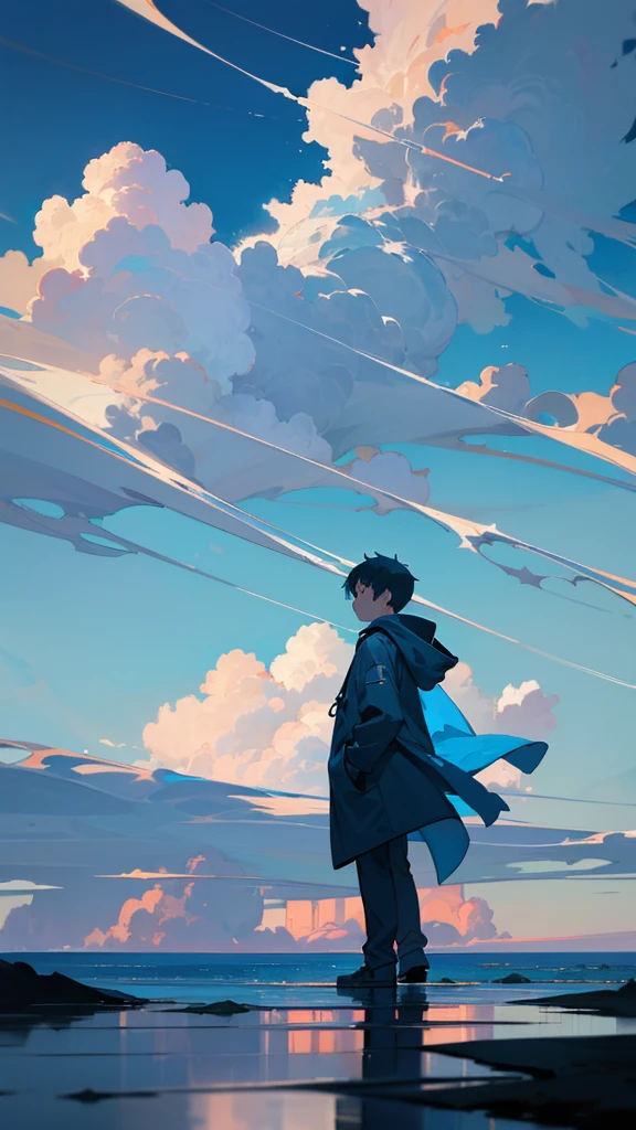 “A boy in a hooded parka walking on water with his back turned to the viewer, set against a bright blue sky with towering cumulonimbus clouds. The sky and clouds are reflected on the water’s surface. The boy appears small, with the focus on the expansive and fantastical landscape, reminiscent of a cinematic scene, rendered in high detail.”