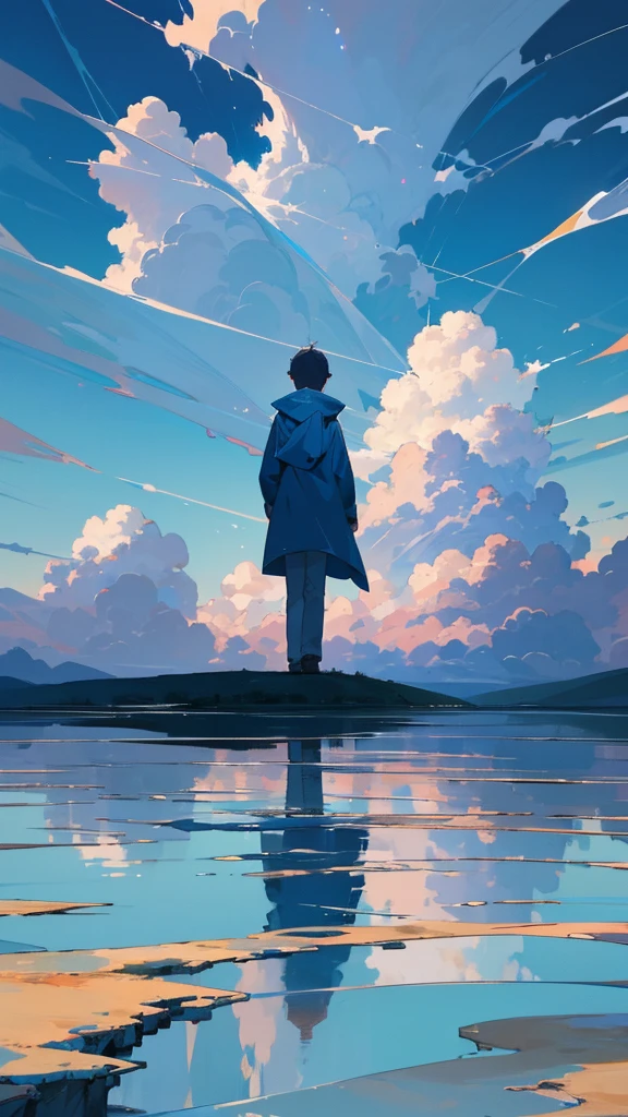 “A boy in a hooded parka walking on water with his back turned to the viewer, set against a bright blue sky with towering cumulonimbus clouds. The sky and clouds are reflected on the water’s surface. The boy appears small, with the focus on the expansive and fantastical landscape, reminiscent of a cinematic scene, rendered in high detail.”