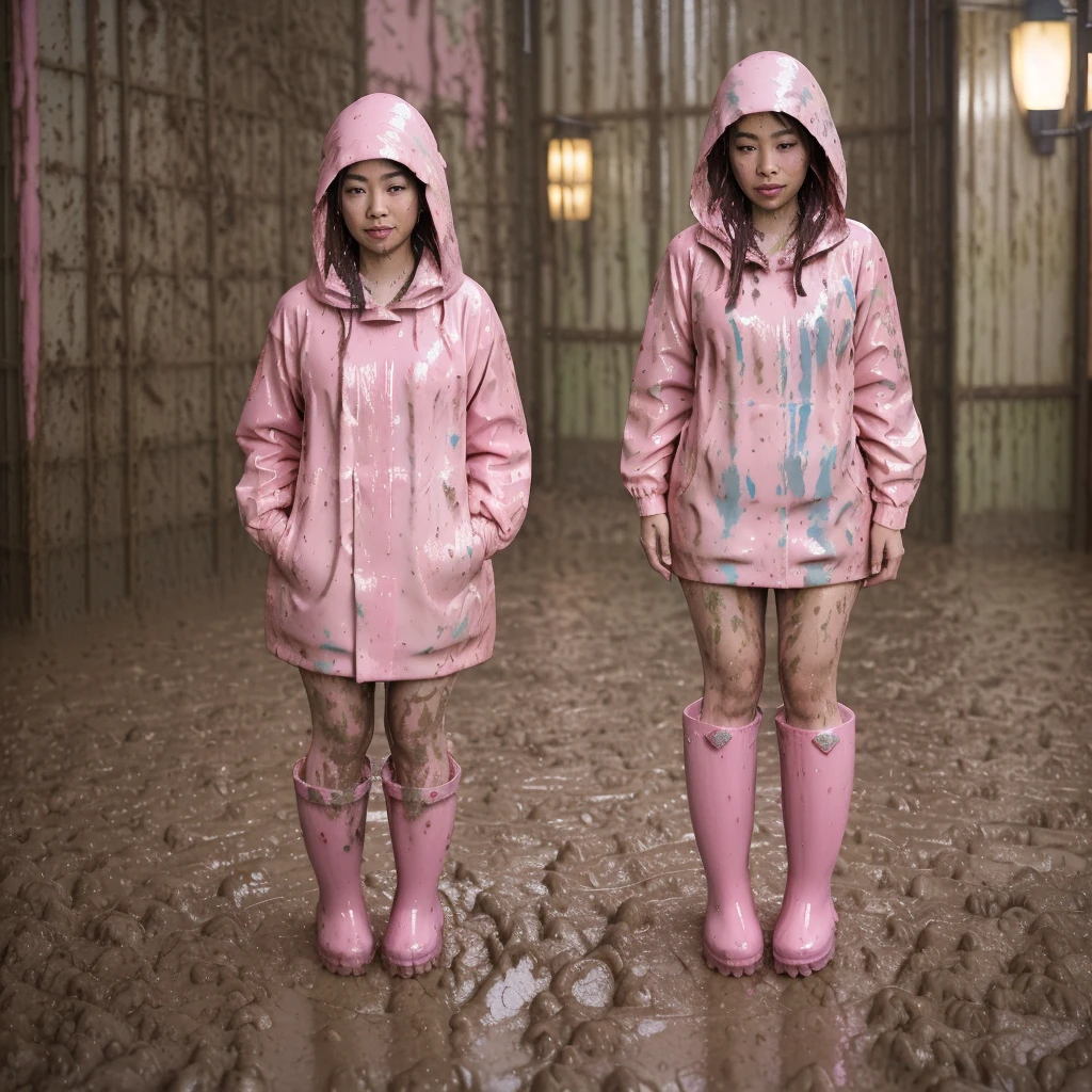 asian lady, cute pose, ((long pink buttoned up raincoat)), ((wearing raincoat hood)), (((tall pink hunter rain boots))), ((((muddy splatters)))), ((mud dripping down raincoat)), (((rainy night city street))), intricate details, highly detailed, masterpiece, 8k, photorealistic, cinematic lighting, vibrant colors, soft focus, elegant, feminine, beautiful, serene, graceful