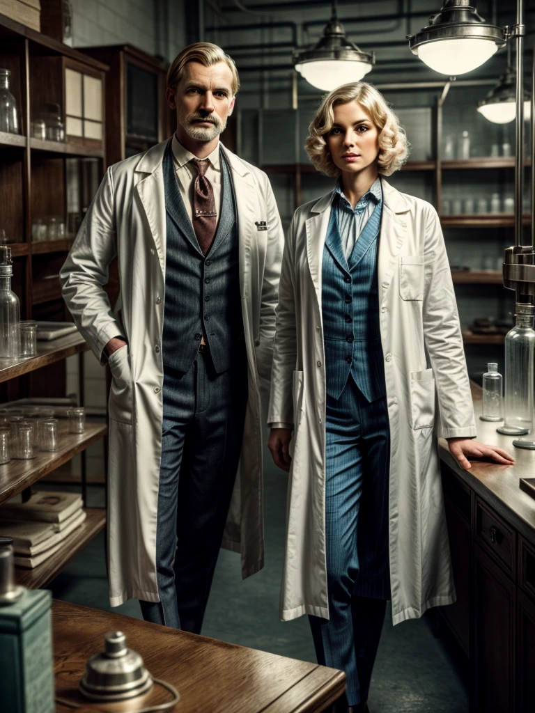 (best quality,4k,8k,highres,masterpiece:1.2),ultra-detailed,(realistic,photorealistic,photo-realistic:1.37),blond moustachioed man in doctor's coat on elegant clothes from 1920, standing next to a blond woman with medium-length hair in doctor's coat, two doctor colleagues standing in a chemistry lab in 1920, professional appearances, white doctor's coats, vintage, warm colors, 1920s, cthulhu pulp characters