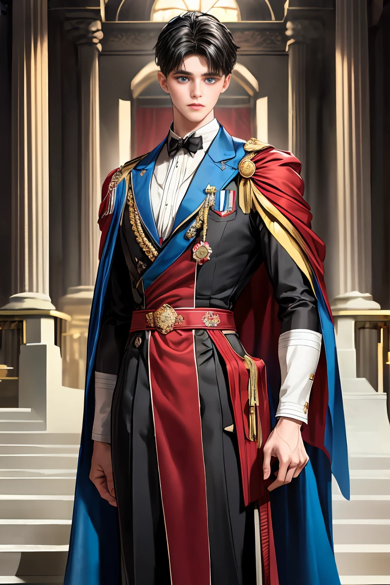 
masterpiece, 最high quality, high quality, 1 boy, alone, Male focus, Watching the audience,  Messy black hair, Adorable big blue eyes, White people, Noble, Noble,Sexy voluminous cape、vampire、A very voluminous, large, very large, very large, long, long red and black cape with a high stand-up collar, made of a lot of fabric that reaches down to the floor., 17 years old,Cute beautiful boys,Cute, cute, kind, handsome guy