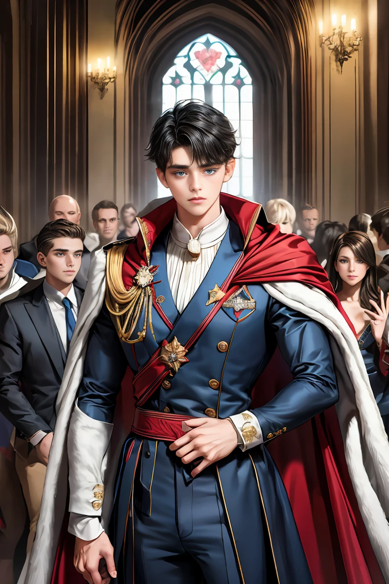 masterpiece, 最high quality, high quality, 1 boy, alone, Male focus, Watching the audience, Messy black hair, Adorable big blue eyes, White people, Noble, Noble,Sexy voluminous cape、vampire、A very voluminous, large, very large, very large, long, long red and black cape with a high stand-up collar, made of a lot of fabric that reaches down to the floor., 17 years old,Cute beautiful boys,Cute, cute, kind, handsome guy