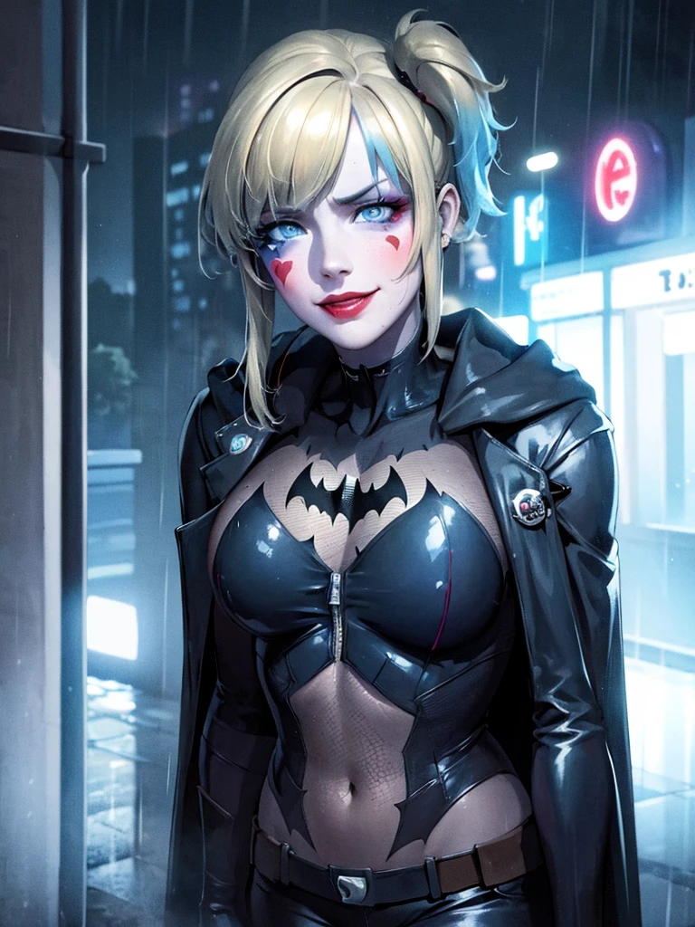 Harley Quinn batman, rain-drenched street, soaked clothes clinging to body, no underwear, wicked smile, Batman costume. batman mask, batman cape, dark knight batman low cut costume, detailed face, beautiful eyes, detailed lips, detailed nose, detailed facial features, highly detailed, 8k, photorealistic, hyper-realistic, dynamic lighting, dramatic shadows, cinematic, cinematic lighting, dark and moody, neon lights, glowing rain, puddles, rain-slicked pavement, wet hair, rain dripping, reflections, fantasy.