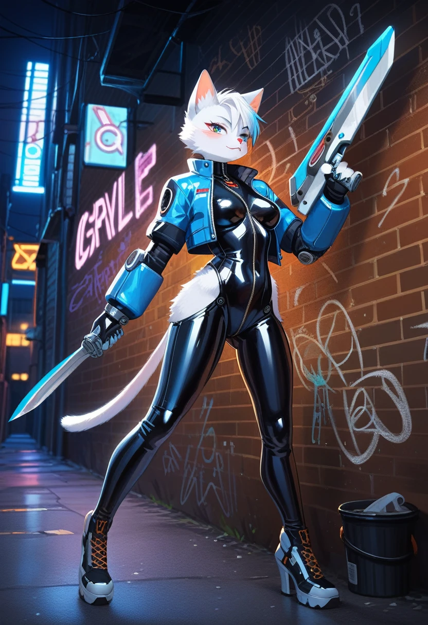 animation, Highest quality, Highest quality, High quality illustrations, masterpiece, Ultra-high resolution, Detailed Background, Alley, night, Graffiti art on the wall, Absurd, Perfect Anatomy, performance, Good lighting, Shadows in the movies(kemono, Furry PersonifiCation), Cat, woman, White Skin, Rubber suit, latex, neon, neonライト, neonカラー, Bodysuits, Cyber Suit, Mech Suit, Rubber Half Jacket, cyber punk, Blade Runner, Holding a blade