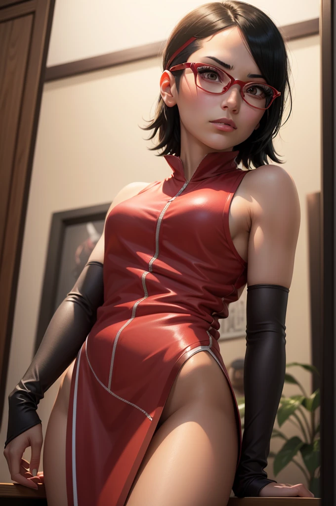 (highres,masterpiece:1.2),ultra-detailed,realistic,professional,beautiful detailed eyes,beautiful detailed lips,dark hair,short black hair,red glasses,stunning black eyes,clear skin,18-year-old girl,fashionable short hairstyle,vibrant red glasses,Shinobi Academy,fierce determination,confident posture,crimson outfit,intense gaze,background filled with ninjutsu techniques,shadows cleverly accentuating her features,subtle studio lighting,sublime realism,striking color tones