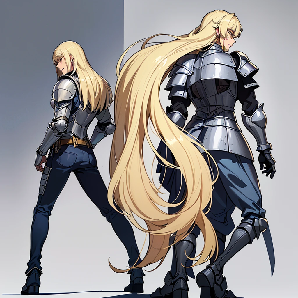 ((((Solo))))、(Full body character concept)、Highest quality, Best Quality, Best illustrations, (((Grey Armor)))、(((Blond long hair man、Long-haired man、male、24-years-old、Cool guy)))、(Medieval Knight)、(Navy blue trousers)、(get annoyed、Clench your teeth)、(Living in the desert)、(White background)、Run、(From the back、back view)
