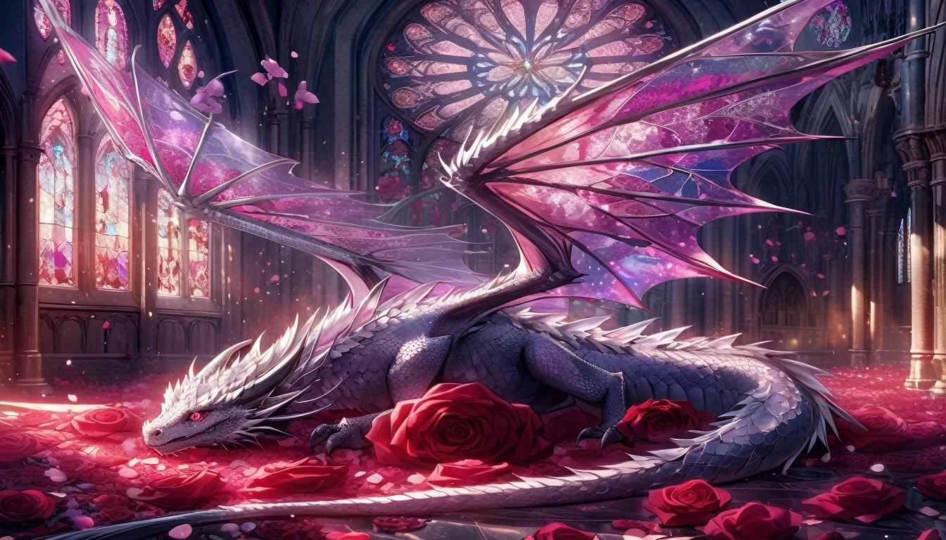 Extremely detailed and beautiful concept art. Beautiful dragon, Slender,Covered with silvery white scales, Lying on the red roses covering the floor. Wings as transparent as stained glass,Art Nouveau and Gothic styles. Beautiful purple, Magenta and Pink. lively illustrations. light. Depth of Field. Dramatic shadows. Light Particles. petal. The church was destroyed. Very aesthetic art.
