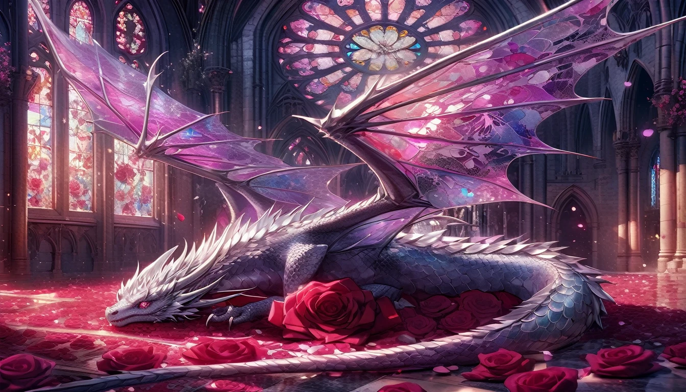 Extremely detailed and beautiful concept art. Beautiful dragon, Slender，Covered with silvery white scales, Lying on the red roses covering the floor. Wings as transparent as stained glass，Art Nouveau and Gothic styles. Beautiful purple, Magenta and Pink. lively illustrations. light. Depth of Field. Dramatic shadows. Light Particles. petal. The church was destroyed. Very aesthetic art.