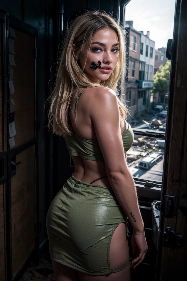 photo taken with Nikon D850, 16k, Masterpiece, detailed, amazing, atmospheric perspective, diffusion, natural skin texture, DSLR, 80mm Sigma f2, depth of field, film grain, intricate natural lighting, cute sexy woman, adult (elven:0.7), (parts:0.7), green eyes, light blonde layered hair, Full body shot, short messy skirt, Alone, perfect body, antecedentes detaileds, detailed face, (post-apocalyptic dark dystopian theme:1.1), SMILE, backlighting, magical atmosphere