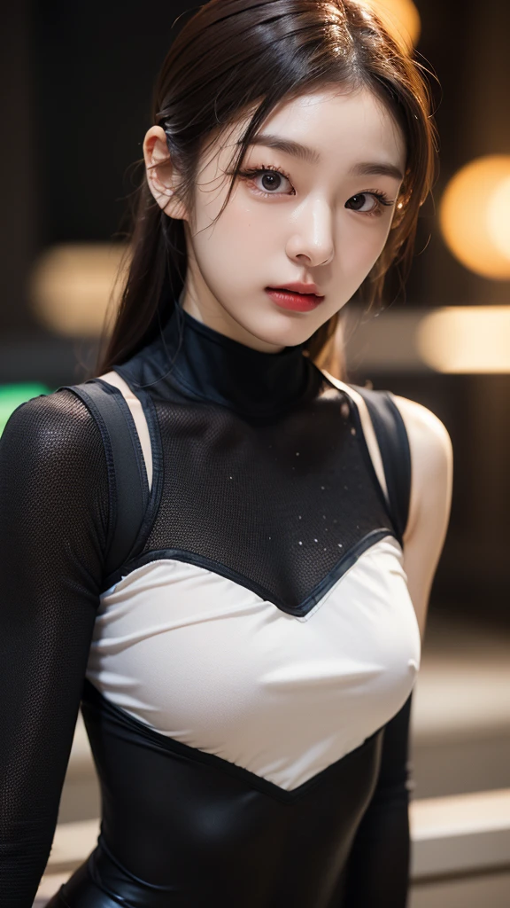 tmasterpiece,1 Korean girl,realisticlying,8K UHD,high high quality,in the background bokeh, spider-man black suit,Spidey,Clothes wrap around the whole body,Tight clothing,Abs contour, black hair,s the perfect face,shining face,Ultra-clear face,Elaborate Eyes,idoly