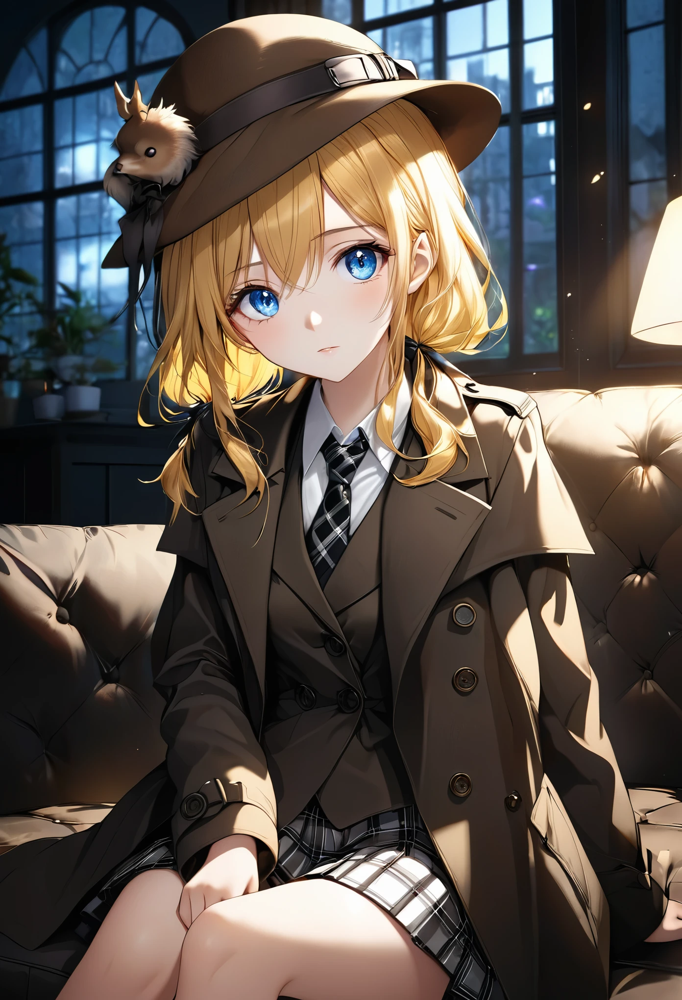 8k, highres, 1girl, 18 years old, beautiful skin texture, ultra detailed face, ultra detailed eyes,( immersive ambience, chiarosscuro, bright light, glow lighting), delicate facial features, medium beasts, blue eyes, yellow hair , black trench coat, white suit, checked skirt, necktie, brown deerstalker hat, sitting on sofa, crossedleg, serious, indoors, High-quality animation style presentation, Beautiful and extremely fine texture, high contrast, sunlight from window