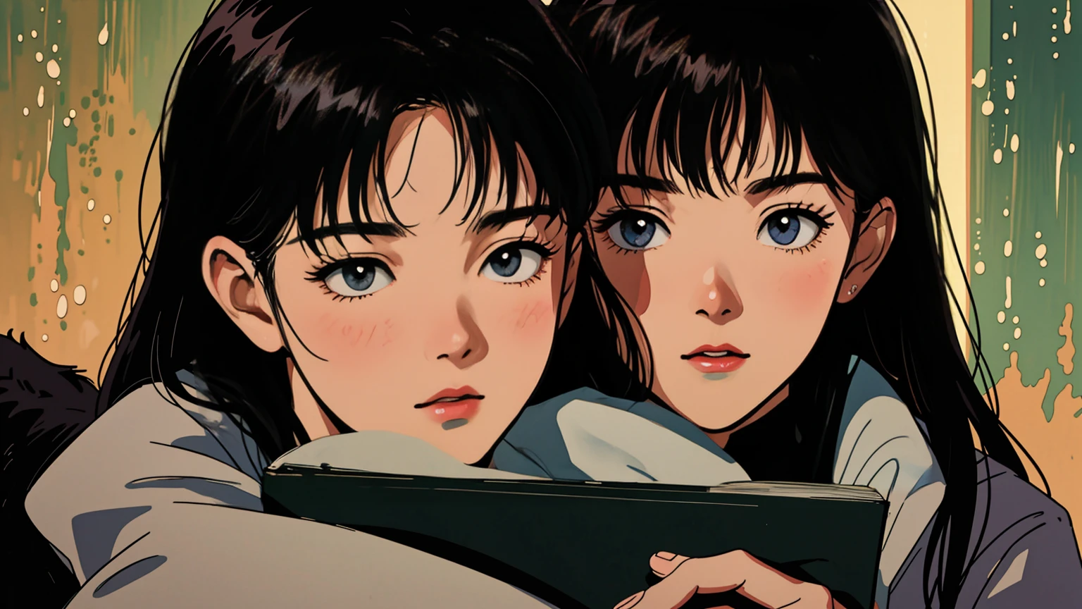a girl with long black hair, bright brown eyes, 1990s style, 2010s hairstyle, 21 years old, cityscape, wearing headphones, reading a book, full-body, relaxed with coffee and snacks on a table, black cat looking at the viewer, (best quality,8k,ultra-detailed,highres,photorealistic:1.37),(detailed face,beautiful detailed eyes,beautiful detailed lips,extremely detailed eyes and face,long eyelashes),(realistic,cinematic lighting,vibrant colors,intricate details),(1girl)