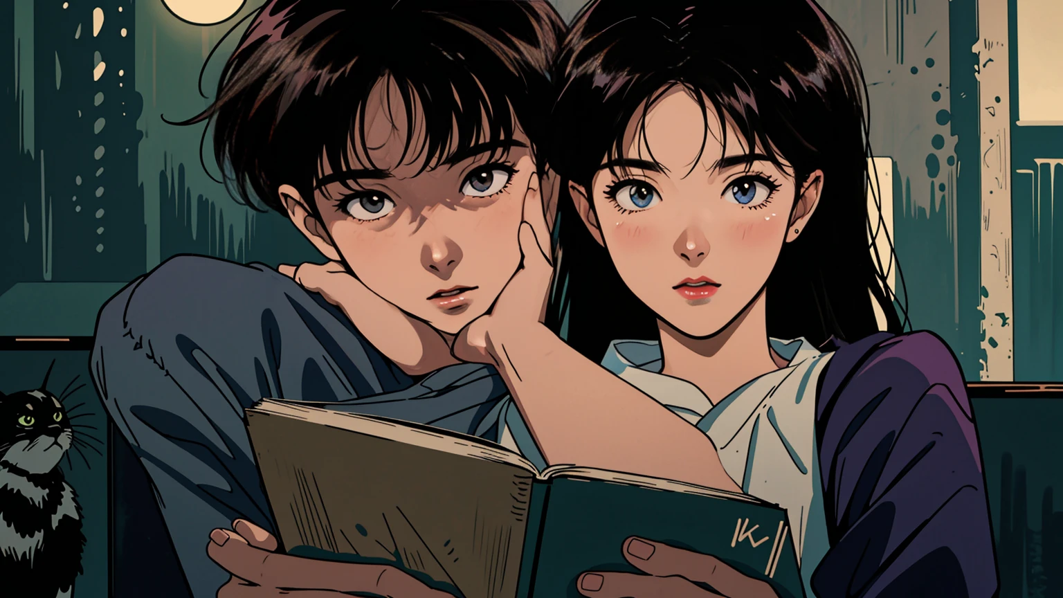 a girl with long black hair, bright brown eyes, 1990s style, 2010s hairstyle, 21 years old, cityscape, wearing headphones, reading a book, full-body, relaxed with coffee and snacks on a table, black cat looking at the viewer, (best quality,8k,ultra-detailed,highres,photorealistic:1.37),(detailed face,beautiful detailed eyes,beautiful detailed lips,extremely detailed eyes and face,long eyelashes),(realistic,cinematic lighting,vibrant colors,intricate details),(1girl)