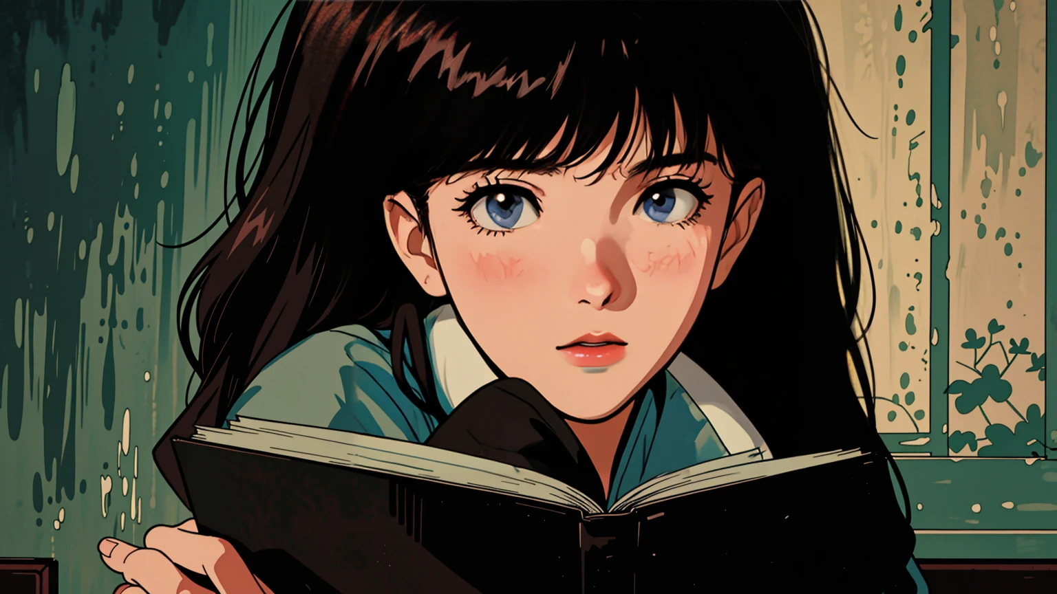 a girl with long black hair, bright brown eyes, 1990s style, 2010s hairstyle, 21 years old, cityscape, wearing headphones, reading a book, full-body, relaxed with coffee and snacks on a table, black cat looking at the viewer, (best quality,8k,ultra-detailed,highres,photorealistic:1.37),(detailed face,beautiful detailed eyes,beautiful detailed lips,extremely detailed eyes and face,long eyelashes),(realistic,cinematic lighting,vibrant colors,intricate details),(1girl)