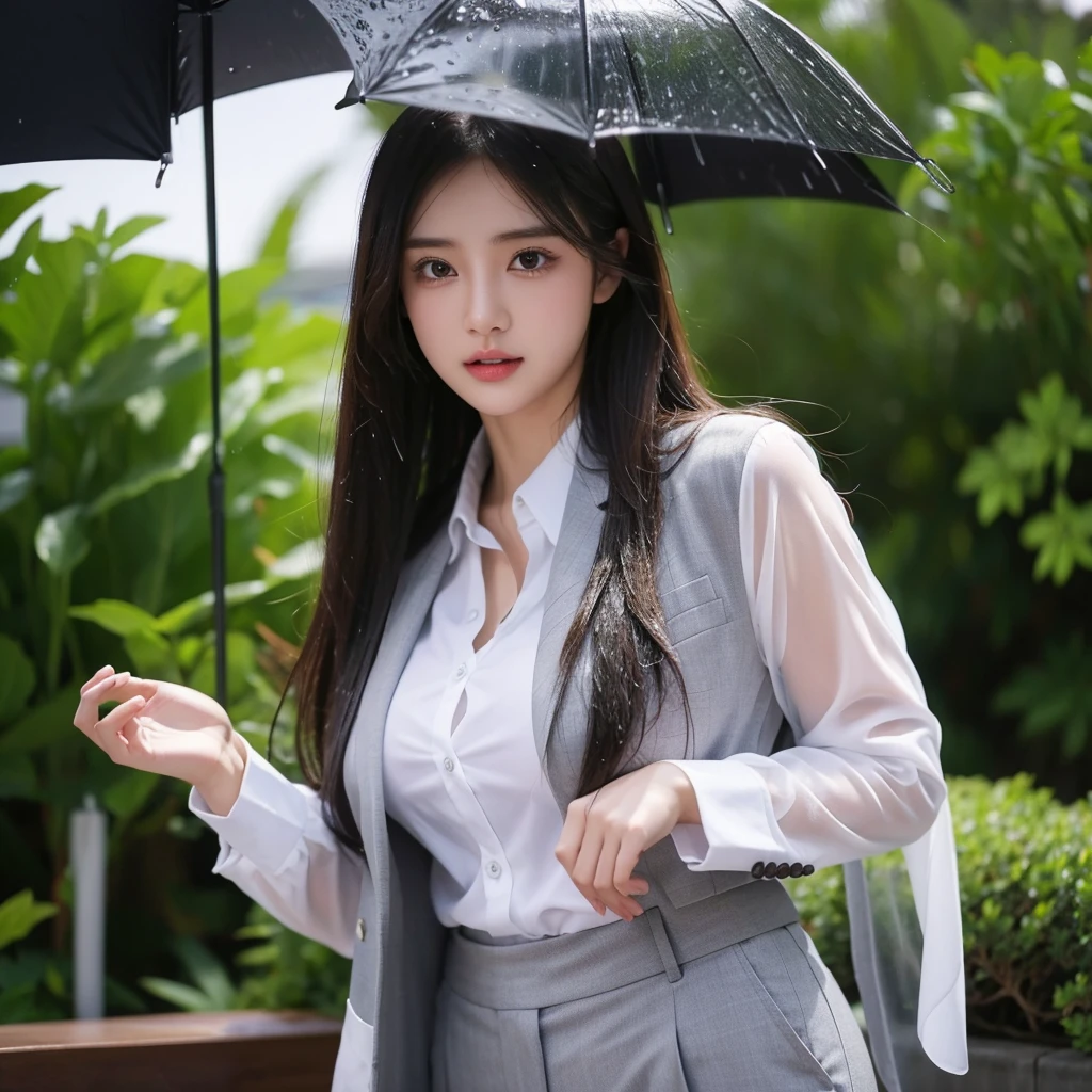 typhoon、Get wet、Beautiful woman in the rain、雨で濡れたBeautyOL、Detailed face、Realistic、beautiful girl、Beauty、Office Lady Uniform、beauty、Beautiful woman、Narrow waist、Handsome woman、Tight pants look、suit、Sexy pose、タイトなsuitパンツ、雨で濡れたsuit、Wet shirt、See-through shirt、Shot in heavy rain、See-through underwear