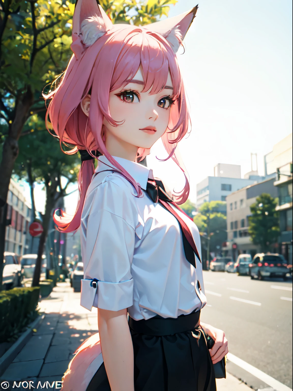 ((best qualityer)), ((work of art)), (detailded), 1 woman with a fox face, 3d anime, fox tail, pink hair, whether bosque