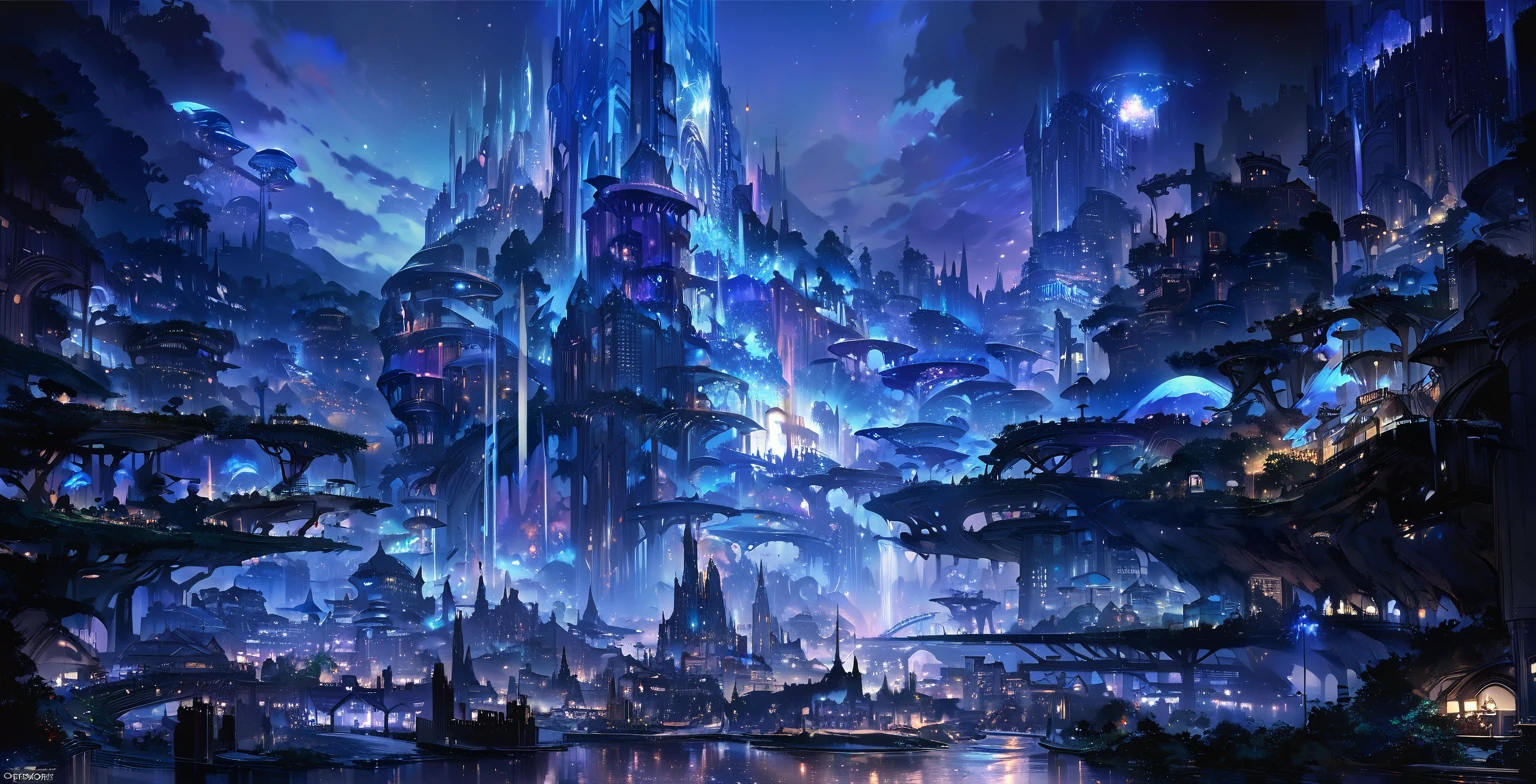 A painting of a Highly detailed, beautiful landscape, Futuristic city, metropolitan. concept art inspired by Tosa Mitsuoki, pixiv contest winner, best quality, fantasy art, beautiful anime scene, , dream painting, Anime Background Art, Fantasy Landscape Art, Fantasy Night, Anime Background, Background Artwork, Fantastic Art, Atmospheric Anime, Nightime, Starry Sky, Detail Enhanced.