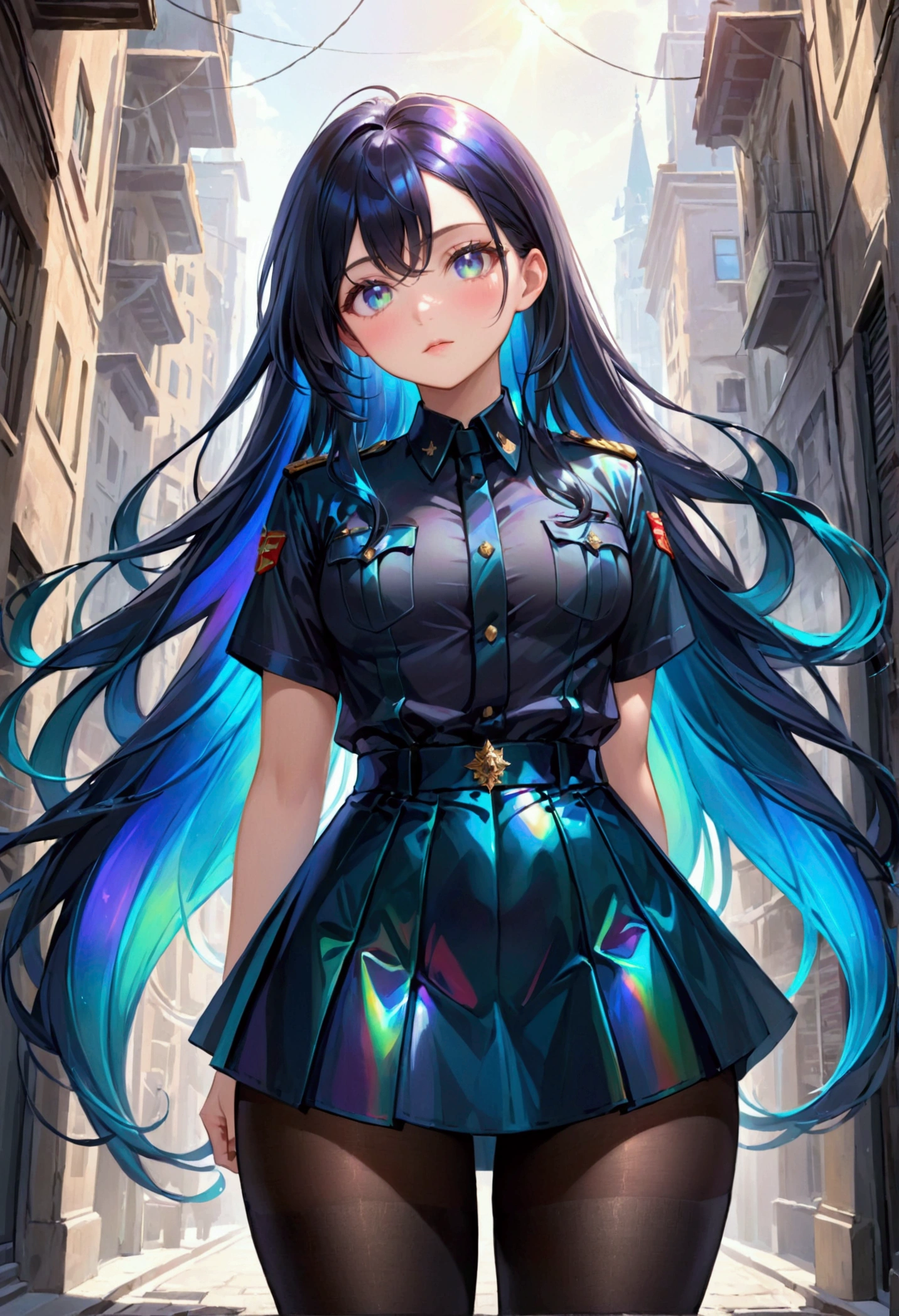 Long dark iridescent hair, iridescent eyes, small waist large thighs, black tights,military outfit,shirt and long skirt. Women