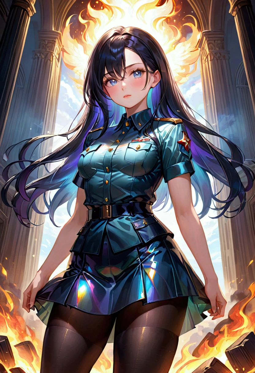 Long dark iridescent hair, iridescent eyes, small waist large thighs, black tights,military outfit,shirt and long skirt. Women