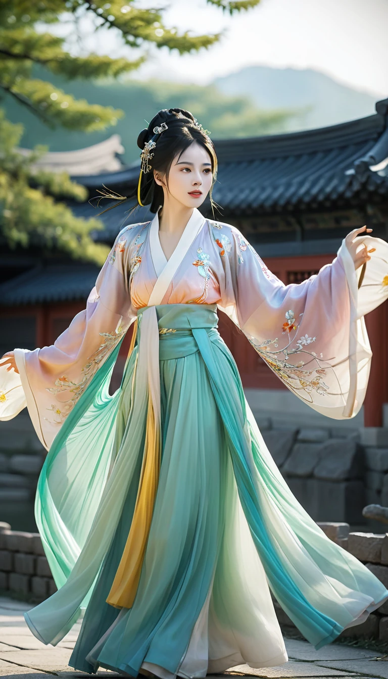 Surreal, complex, Epic scenes),1 Girl,Hanfu,whole body,(Huge breasts:1.7), Giving off an otherworldly glow to the surroundings,(complex, Many tiny details, Stunning lighting, Stunning surroundings),(rich and colorful, Surreal, high quality, Very detailed, Clear focus, 8K Ultra HD, Surreal主义，(Smile:0.3)