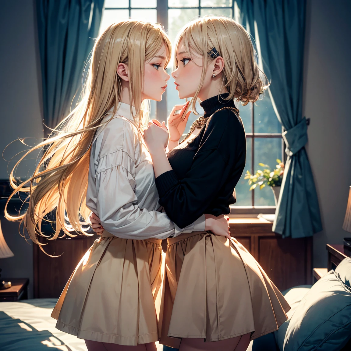 (masterpiece),(top-quality:1.2),(two girls is deeply in love with each other:1.3), (kiss:1.2), (masuter piece:1.3),exquisitedetails, Highest quality 8K resolution, Ultra-detailed, Realistic, Vibrant colors, Soft tones, With warm and gentle lighting, A woman standing in a room wearing a skirt and sweater, designed for cozy aesthetics, wide skirt, Styling, With short hair, simple style, Beige, 2 0, Dynamic!!, Cute:2, F / 2 0, Roots and hay coat, lookbook, Vivid), 9, jimin, ( Side ) profile (Smooth straight blonde hair:1.2),(Hair parted in the middle:1.3),(Glowing hair),(Dark blue eyes:1.3),(Hands close to the face:1.4),White skin, hair clips,Small necklace,A gentle feeling overflows,The sun's rays illuminate joy and pure love, Warm golden glow,The atmosphere is full of happiness and laughter, As if celebrating love,Ultra-detailed depiction and vivid colors,A style that combines romanticism and realism,depth of love,color palettes,Create an ethereal atmosphere like a dream,Lighting is soft and diffused,masterpiece artwork