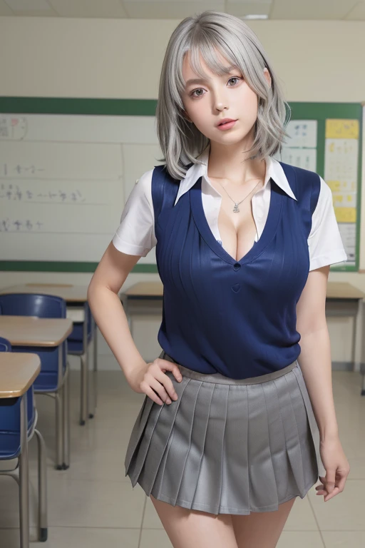 (One Girl), (Silver Hair),(10 year old baby-faced girl)、 (Sexy Looks:1.5), (Cleavage:1.3), (Very detailed目, Very detailed顔), (超Realisticな, High resolution), (Highest quality:1.4), (super high quality), Realistic skin texture, RAW Photos, (Realistic, Realistic:1.37), Very detailed, Professional photography, (school uniform, Pleated skirt:1.3), (look at me), (School, classroom), (Lyric meaning: Face to face with me、Kiss Me:1.4),