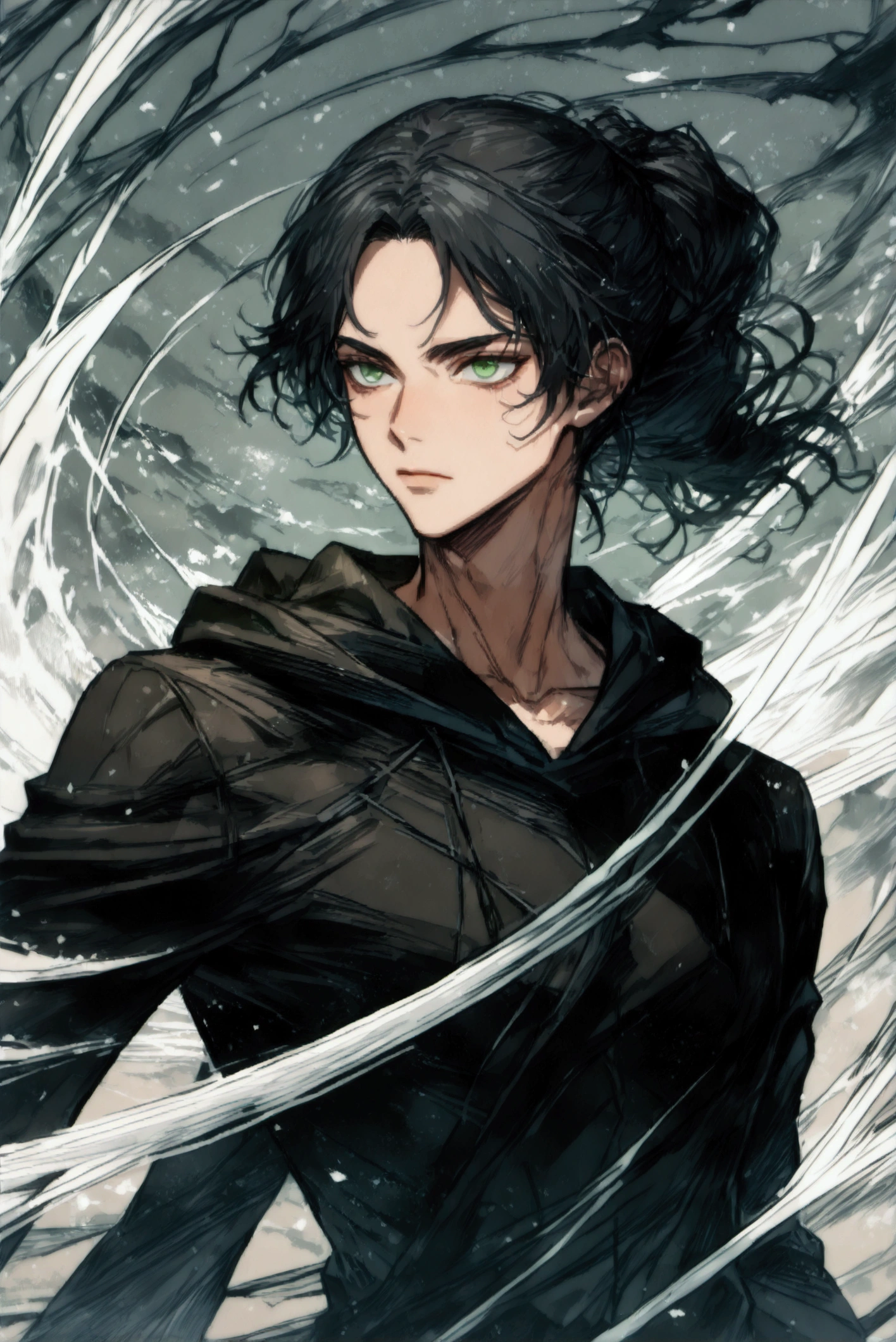 Mambang Hairstyles、Handsome man in his 20s(1 male,Ellen Yeager),(Attack on Titan,Eren YeagerAttack on Titan),Green Eyes,Expressionless,(He is wearing a long black hoodie..),(masterpiece:1.3),(Highest quality:1.4),(Very detailedな:1.5),High resolution,Very detailed,unity 8k wallpaper,Decadent,Wind,Achieve smooth design