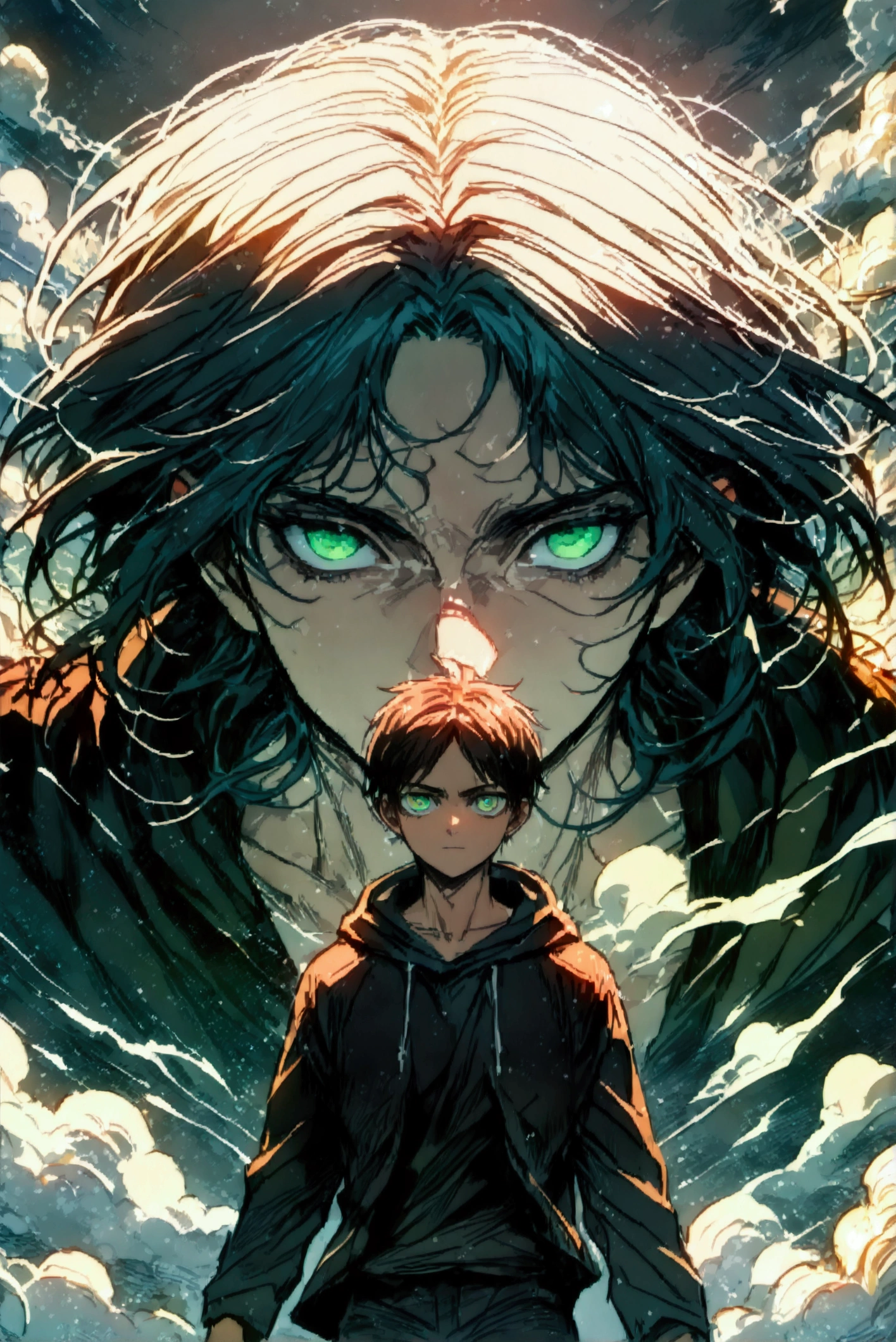 Mambang Hairstyles、Handsome man in his 20s(1 male,Ellen Yeager),(Attack on Titan,Eren YeagerAttack on Titan),Green Eyes,Expressionless,(He is wearing a long black hoodie..),(masterpiece:1.3),(Highest quality:1.4),(Very detailedな:1.5),High resolution,Very detailed,unity 8k wallpaper,Decadent,Wind,Achieve smooth design