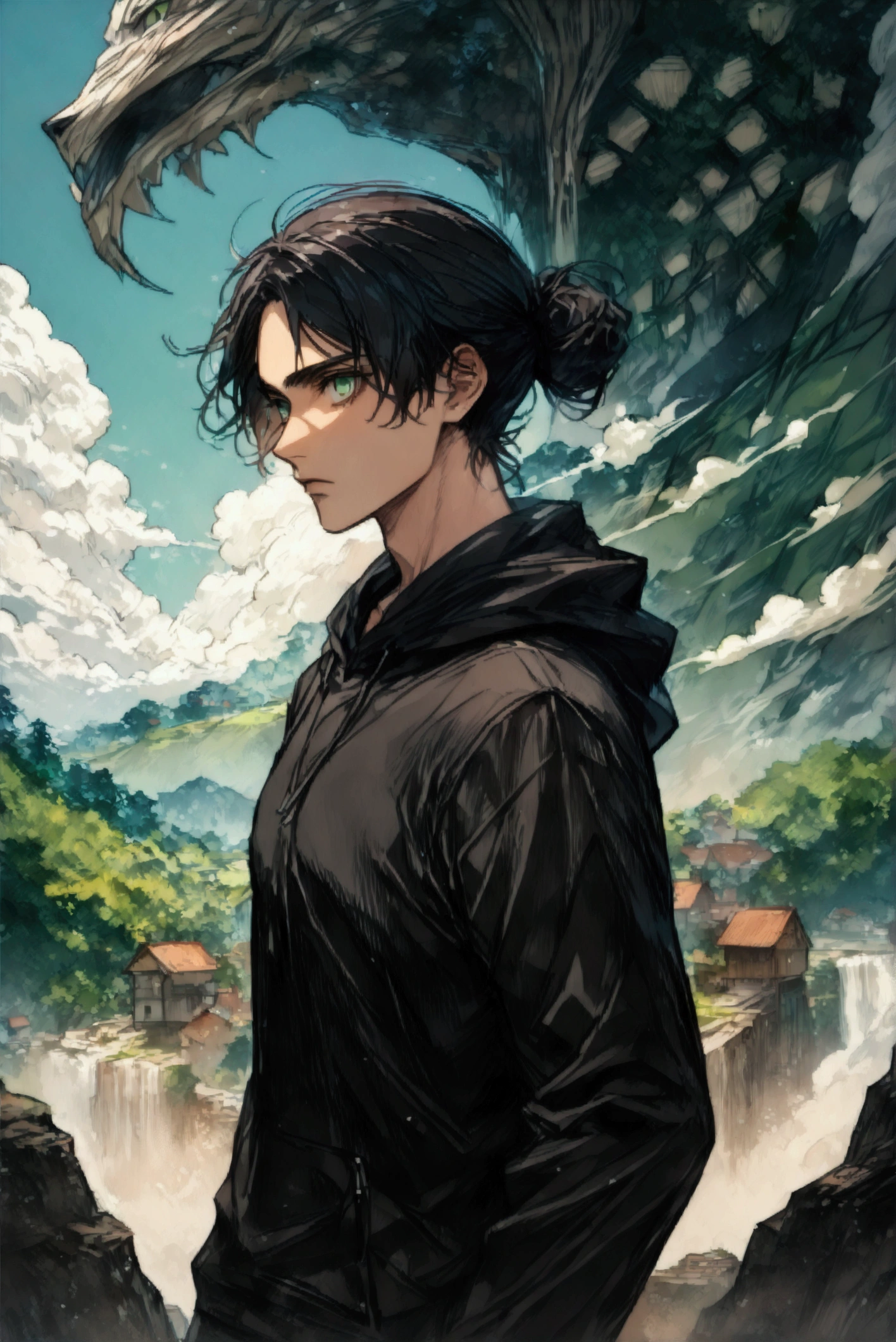 Mambang Hairstyles、Handsome man in his 20s（1 male,Ellen Yeager）,（Attack on Titan,Eren YeagerAttack on Titan）,Green Eyes,Expressionless,（He is wearing a long black hoodie..）,(masterpiece:1.3),(Highest quality:1.4),(Very detailedな:1.5),High resolution,Very detailed,unity 8k wallpaper,Decadent,Wind,Achieve smooth design