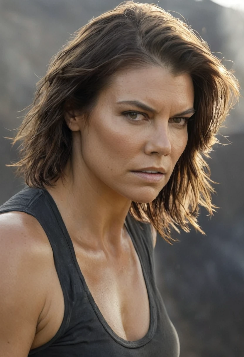  high quality  Erotic shot of (lauren_cohan) Lauren Cohan ,movie  still , extremely long straight hair , (armpits visible , one hand raised, sexy arms, sexy chest, wearing a  long sleave sexy tshirt;1.5, extremely dark long hair:1.4  , action movement, sexy, sensual skin , pale white skin tone , exhausted expression , sexualized pose, sweaty shiny armpits , incredibly sexy, tall woman, angry face, action pose, crying face, fleshy muscular figure , fleshy toned biceps, armpit hair, tough woman, damaged clothes, her breast revealing , exhausted , insanely detailed skin texture , action pose,) very black hair, gorgeous woman, extremely hot, tight breast ,  cool apocalyptic area background , female,  woman, random angle, erotic angles, random move, random action, deep cleavage ,seductive,  ( depth of field, insanely detailed skin texture, hyper detailed features )