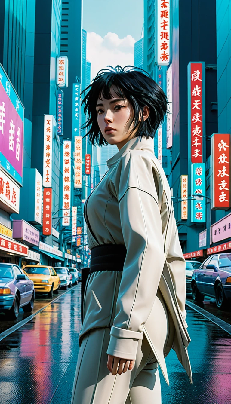 Ghost in the Shell adopts retro 90s anime style, , Science Fiction, Futuristic, Surrealism, Akira Style, Early litigation, Detailed line art, Fine details, greg rutkowski makoto shinkai kyoto animation key art female eye level shot