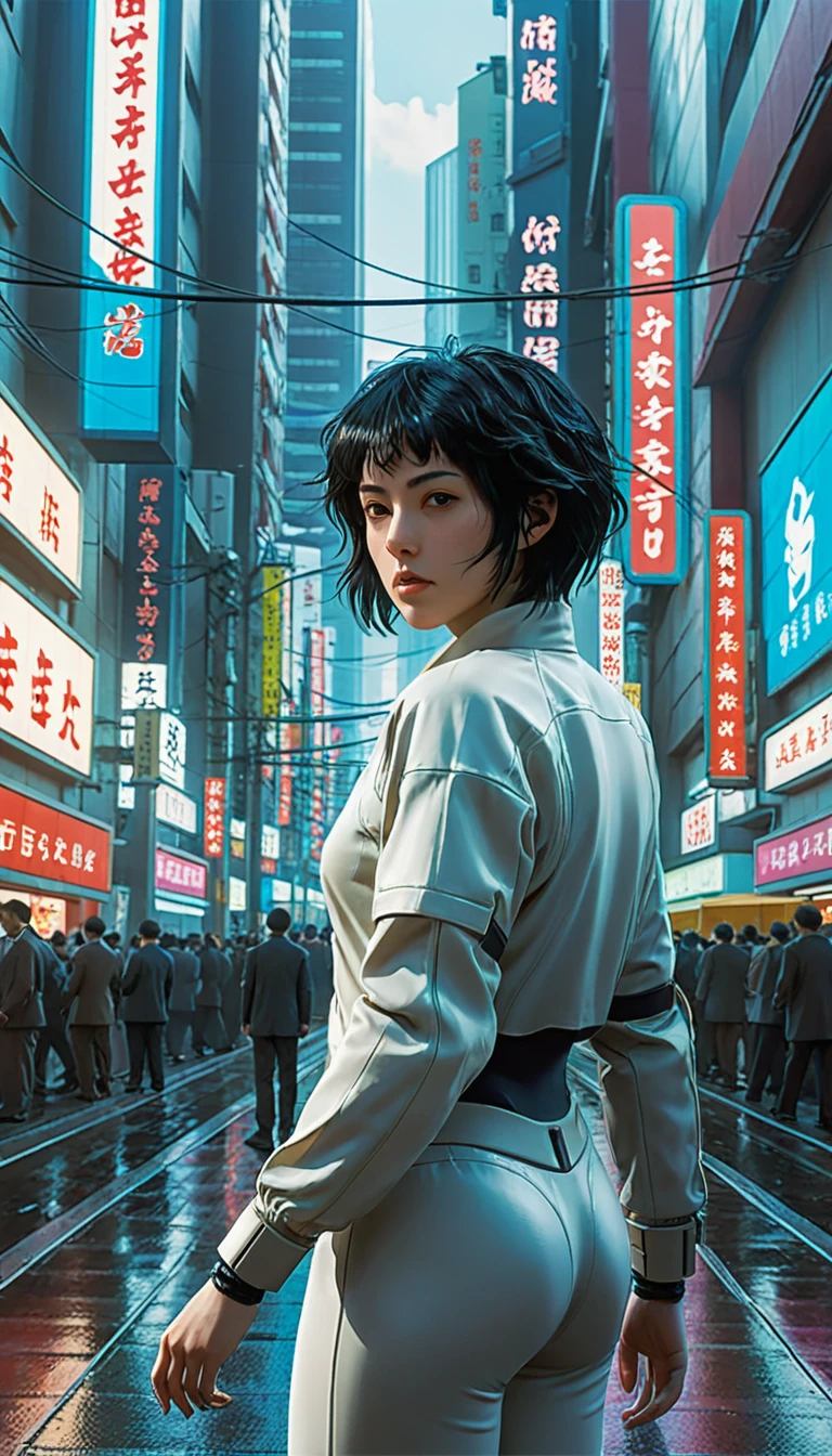 Ghost in the Shell adopts retro 90s anime style, , Science Fiction, Futuristic, Surrealism, Akira Style, Early litigation, Detailed line art, Fine details, greg rutkowski makoto shinkai kyoto animation key art female eye level shot