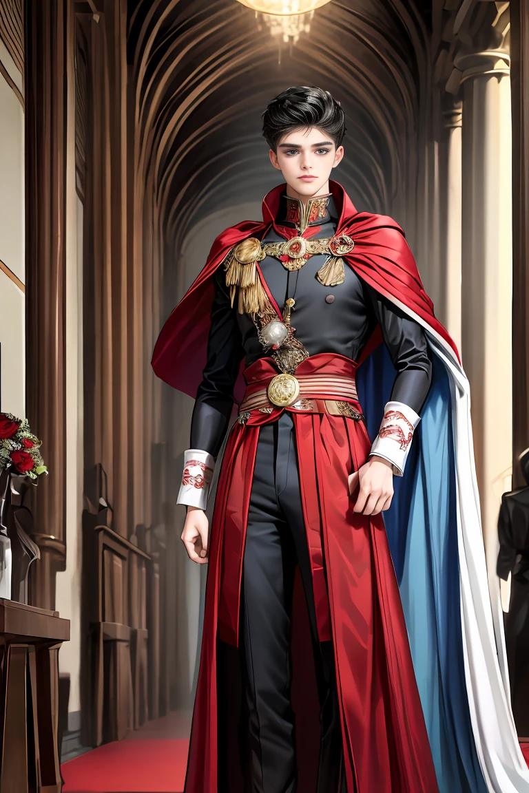 masterpiece, 最high quality, high quality, 1 boy, alone, Male focus, Watching the audience, Messy black hair, Adorable big blue eyes, White people, Noble, Noble,A sexy, voluminous, puffy cape、vampire、A very voluminous, large, very large, very large, long, long red and black cape with a high stand-up collar, made of a lot of fabric that reaches down to the floor., 17 years old,Cute beautiful boys,Cute, cute, kind, handsome guy