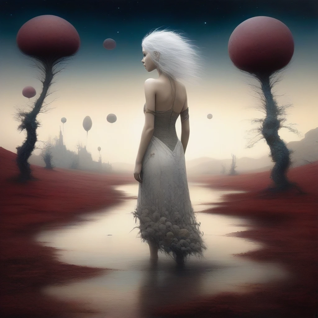 Surreal beautiful naked girl (full length) in a beautiful dress, Jean-Baptiste Monge style, white hair, alien life, alien landscape, there are many different burgundy plants, darkness, emptiness, tree and creature, cartoon picture, illustration for children, surrealism, funny, fluff, feathered cotton wool, water drops, feathers, sand, grass, black blue white, a determined look, cosmic background. fantasy high definition Unreal Engine very cute surreal Richard Burlet celestial Enki Bilal dynamic pose Esao Andrews enigmatic dreamy atmosphere susanne Jamie Heiden cosmic splendor