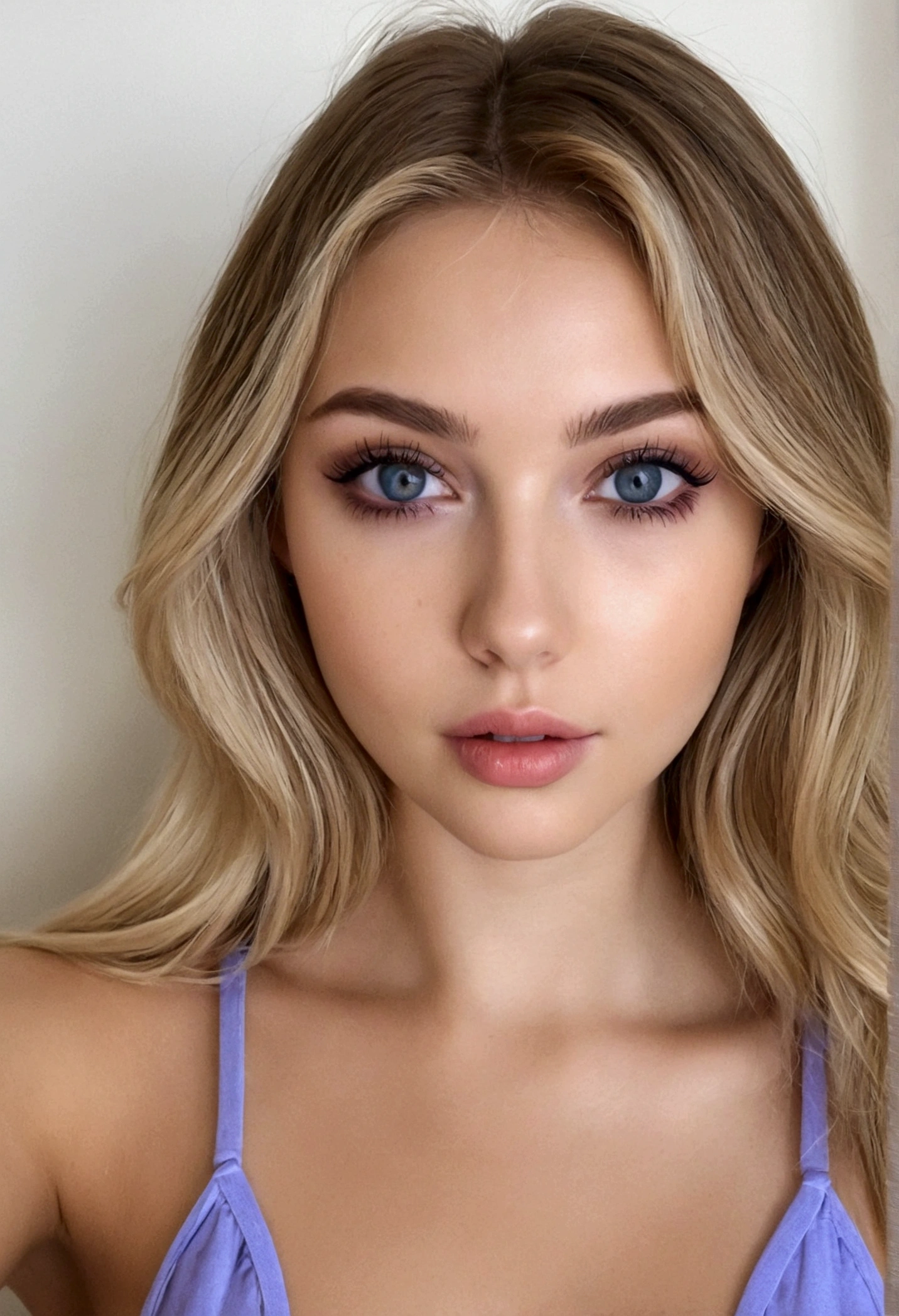 arafed femme jeune espagnole , fille sexy aux yeux bleus, Ultra réaliste, minutieusement détaillé, portrait sophie mudd, cheveux blonds et yeux amande, selfie d'une jeune femme, yeux de la chambre, violette myers, sans maquillage, maquillage naturel, regarder directement la caméra, visage avec artgram, maquillage subtil, superbe photo de tout le corps à genoux sur le lit, dans la chambre, buste de taille moyenne à grande