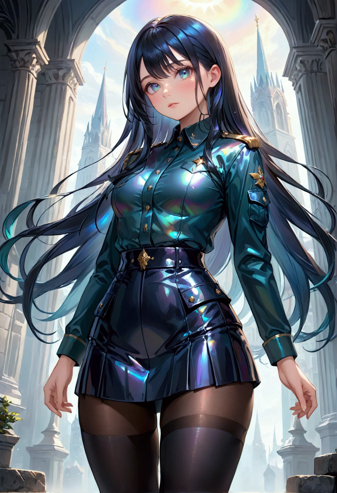 Long dark iridescent hair, iridescent eyes, small waist large thighs, black tights,military outfit, shirt and long skirt, Women