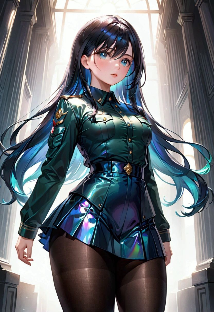Long dark iridescent hair, iridescent eyes, small waist large thighs, military uniform, tights