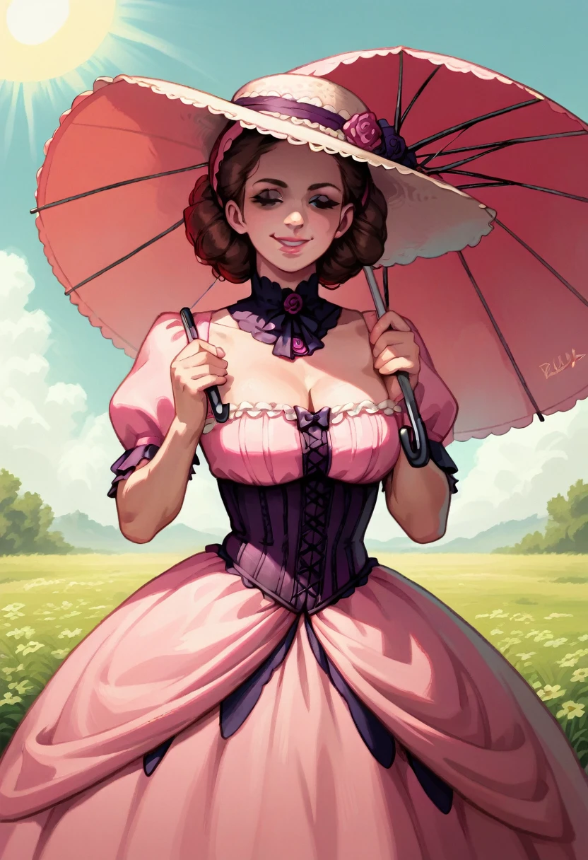 (((Masterpiece))), best quality, cowboy shot, perfect anatomy, (detailed face), outdoors, sunny, warm sunlight, (((realistic faces))), realistic anatomy, painterly)) corset, victorian dress, wild west, pink dress, frilly, parasol, sun hat, solo, large breasts, massive breasts, brown hair, smile, closed eyes, ((((evil smile, shaded face)))))