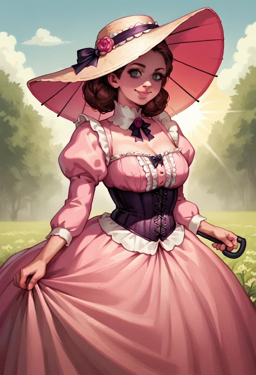 (((Masterpiece))), best quality, cowboy shot, perfect anatomy, (detailed face), outdoors, sunny, warm sunlight, (((realistic faces))), realistic anatomy, painterly)) corset, victorian dress, wild west, pink dress, frilly, parasol, sun hat, solo, large breasts, massive breasts, brown hair, smile, closed eyes, ((((evil smile, shaded face)))))